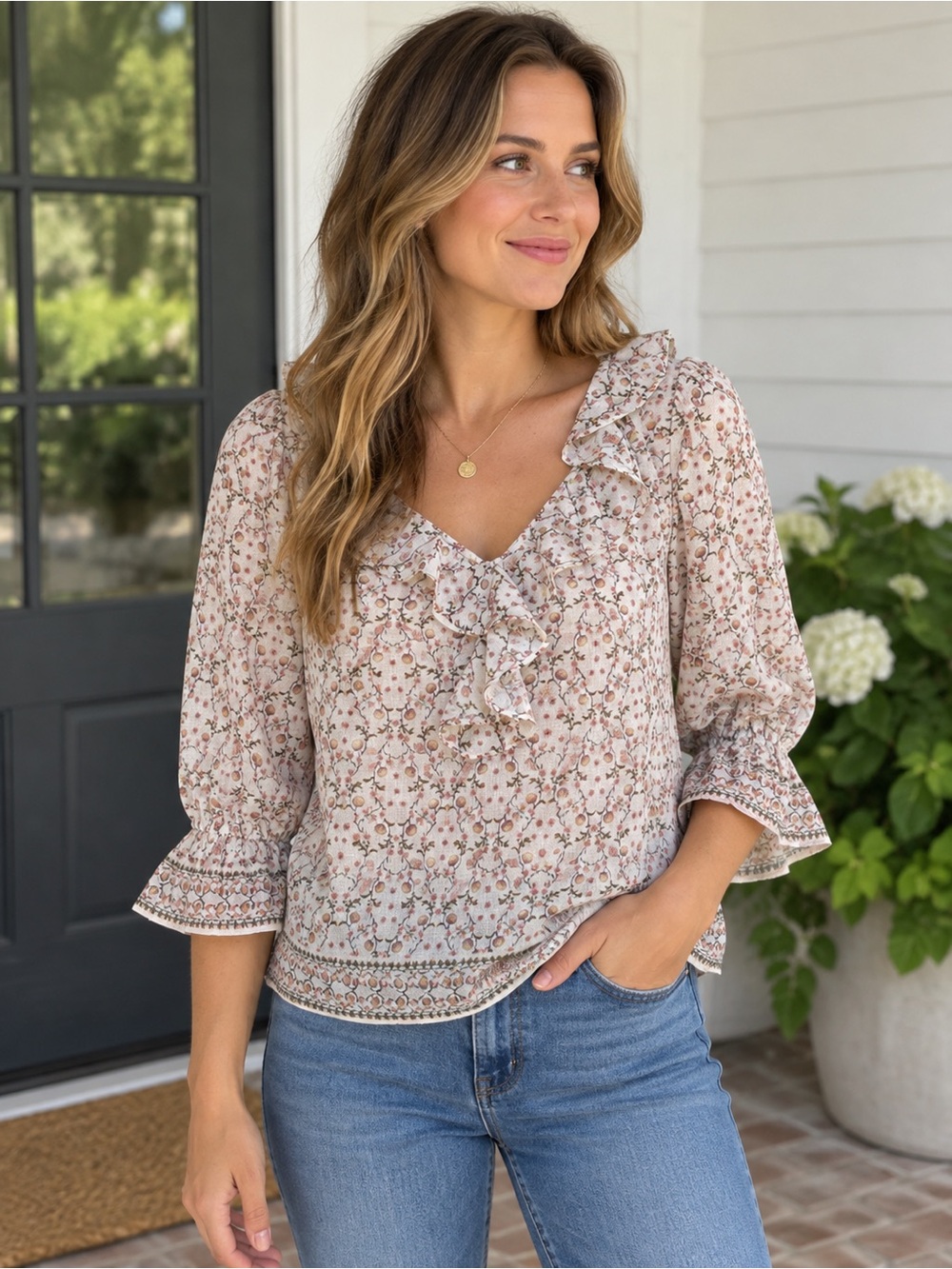 NWT Max Studio Cream Floral Ruffle V-Neck Blouse